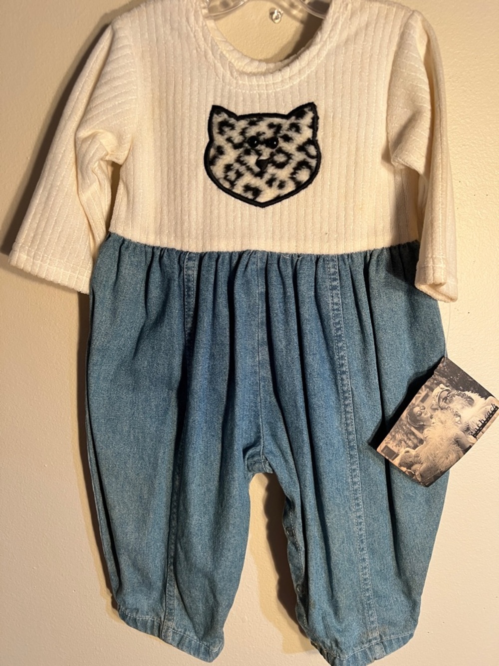 Vintage Cream and Blue Leopard Patch Baby One-Piece Romper​